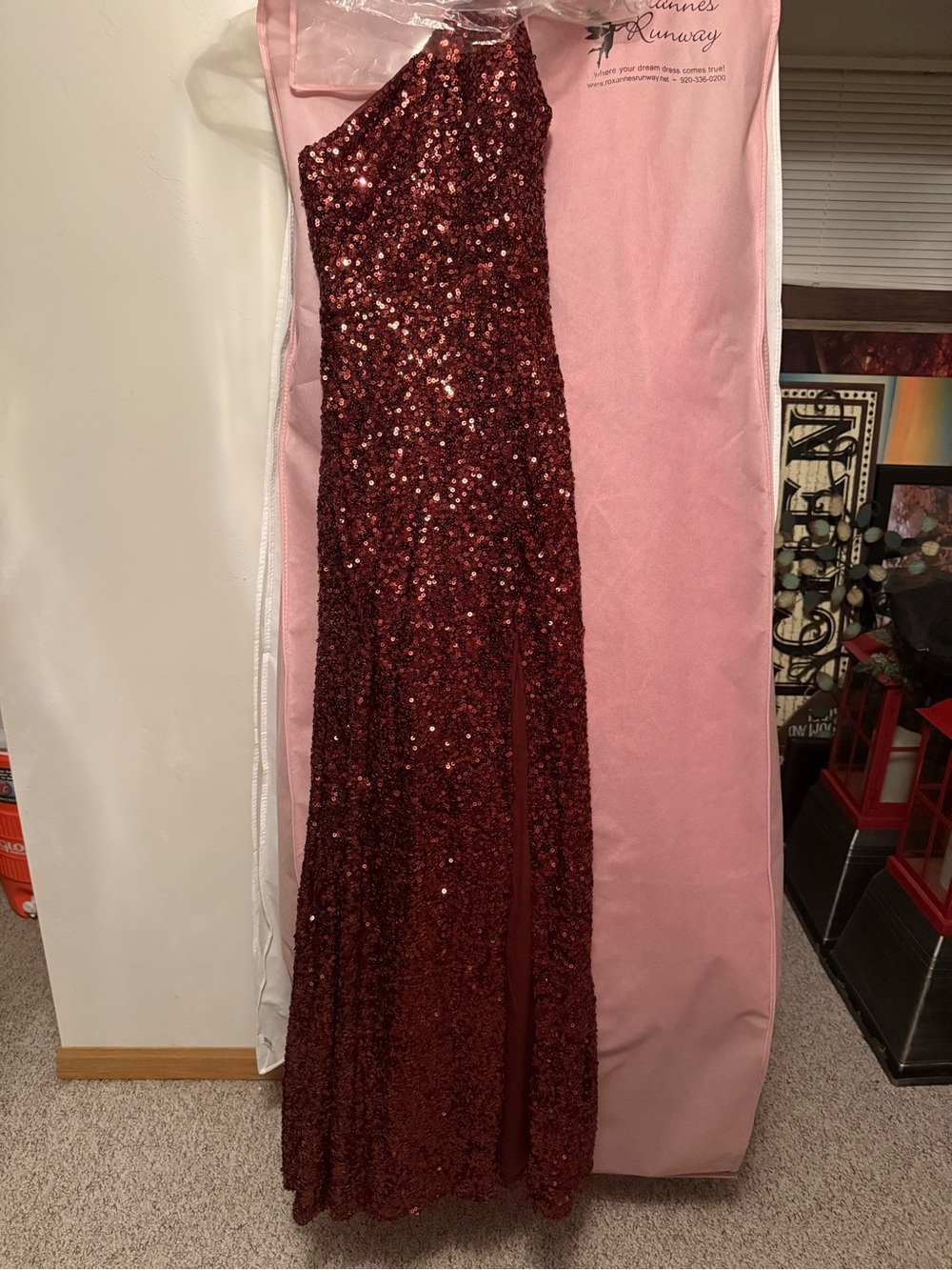 Windsor Burgundy Sequin One-Shoulder Prom Dress